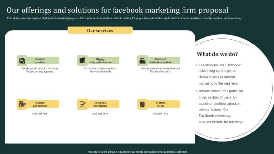 Our Offerings And Solutions For Facebook Marketing Firm Proposal Ppt Pictures Infographics PDF