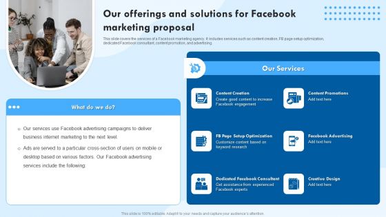 Our Offerings And Solutions For Facebook Marketing Proposal Ppt Inspiration Layout PDF