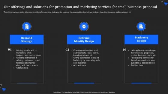 Our Offerings And Solutions For Promotion And Marketing Services For Small Business Proposal Rules PDF Our Offerings And Solutions For Promotion And Marketing Services For Small Business Proposal Rules PDF