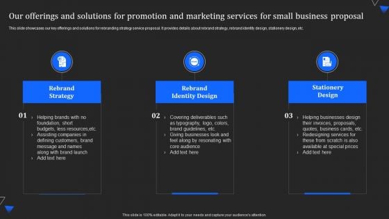 Our Offerings And Solutions For Promotion And Marketing Services For Small Business Proposal Rules PDF