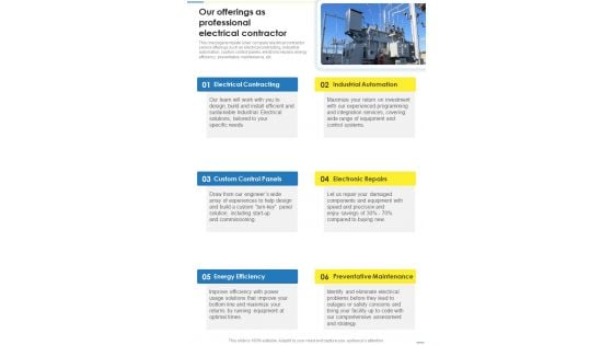 Our Offerings As Professional Electrical Contractor One Pager Sample Example Document Our Offerings As Professional Electrical Contractor One Pager Sample Example Document