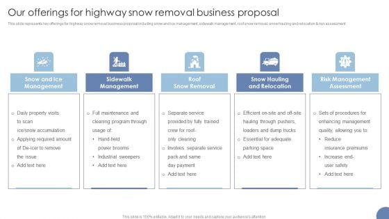 Our Offerings For Highway Snow Removal Business Proposal Ppt Show Design Templates PDF