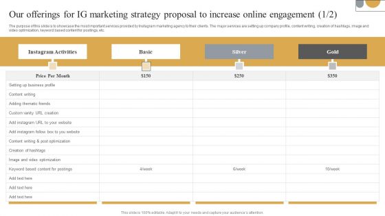 Our Offerings For IG Marketing Strategy Proposal To Increase Online Engagement Sample PDF Our Offerings For IG Marketing Strategy Proposal To Increase Online Engagement Sample PDF