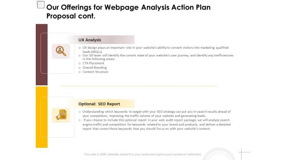 Our Offerings For Webpage Analysis Action Plan Proposal Cont Ppt PowerPoint Presentation Summary PDF