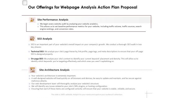 Our Offerings For Webpage Analysis Action Plan Proposal Ppt PowerPoint Presentation Portfolio Pictures PDF