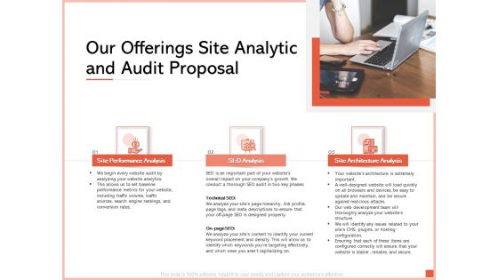 Our Offerings Site Analytic And Audit Proposal Ppt Infographic Template Topics PDF