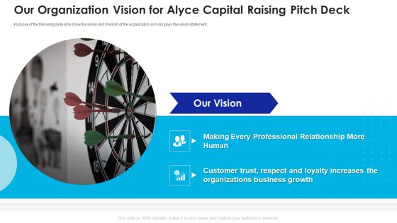 Our Organization Vision For Alyce Capital Raising Pitch Deck Inspiration PDF