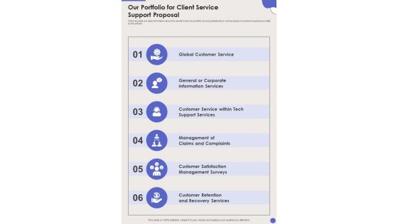 Our Portfolio For Client Service Support Proposal One Pager Sample Example Document Our Portfolio For Client Service Support Proposal One Pager Sample Example Document