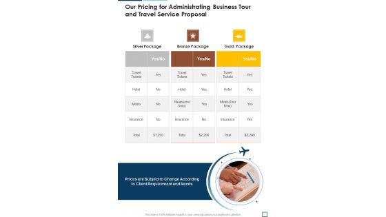 Our Pricing For Administrating Business Tour And Travel Service Proposal One Pager Sample Example Document