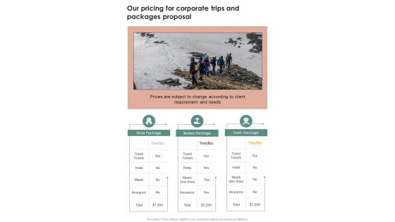 Our Pricing For Corporate Trips And Packages Proposal One Pager Sample Example Document