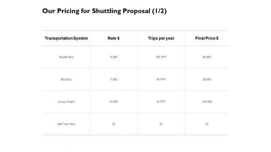 Our Pricing For Shuttling Proposal System Ppt PowerPoint Presentation Slides Graphics