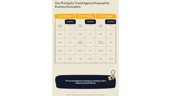 Our Pricing For Travel Agency Proposal For Business Association One Pager Sample Example Document Our Pricing For Travel Agency Proposal For Business Association One Pager Sample Example Document