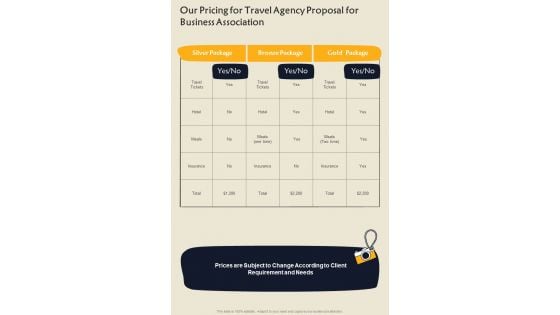 Our Pricing For Travel Agency Proposal For Business Association One Pager Sample Example Document