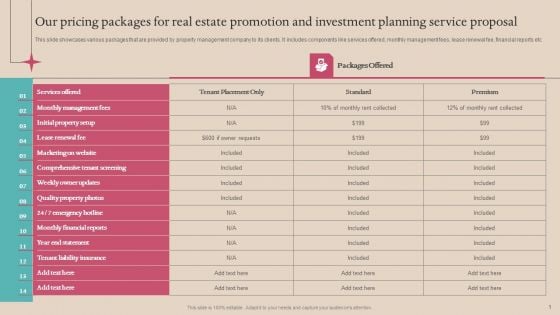 Our Pricing Packages For Real Estate Promotion And Investment Planning Service Proposal Infographics PDF