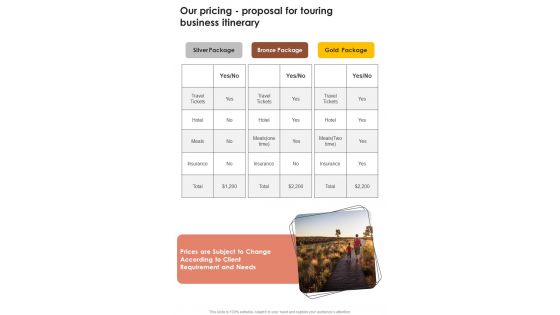 Our Pricing Proposal For Touring Business Itinerary One Pager Sample Example Document Our Pricing Proposal For Touring Business Itinerary One Pager Sample Example Document