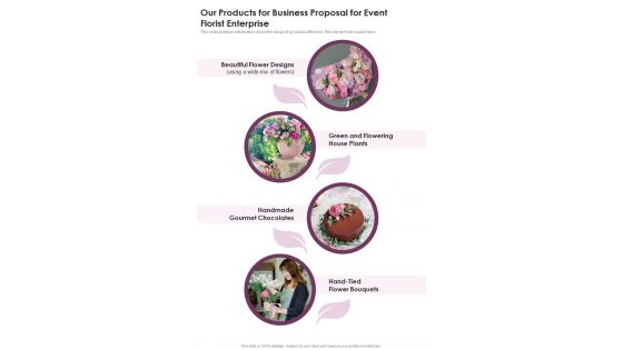 Our Products For Business Proposal For Event Florist Enterprise One Pager Sample Example Document