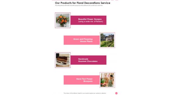 Our Products For Floral Decorations Service One Pager Sample Example Document
