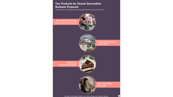 Our Products For Flower Decoration Business Proposal One Pager Sample Example Document Our Products For Flower Decoration Business Proposal One Pager Sample Example Document