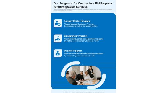 Our Programs For Contractors Bid Proposal For Immigration Services One Pager Sample Example Document