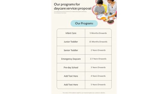 Our Programs For Daycare Services Proposal One Pager Sample Example Document