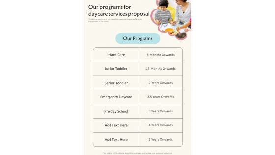 Our Programs For Daycare Services Proposal One Pager Sample Example Document Our Programs For Daycare Services Proposal One Pager Sample Example Document