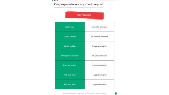 Our Programs For Nursery School Proposal One Pager Sample Example Document