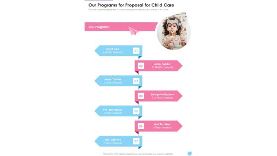 Our Programs For Proposal For Child Care One Pager Sample Example Document
