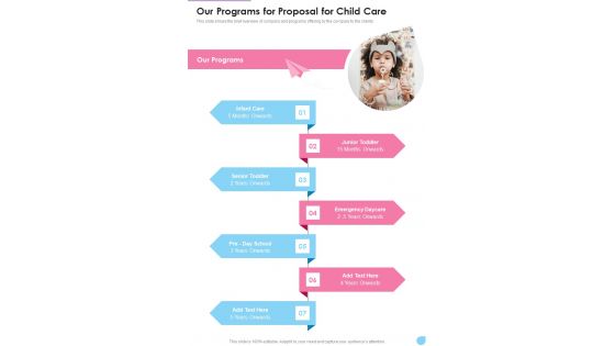 Our Programs For Proposal For Child Care One Pager Sample Example Document Our Programs For Proposal For Child Care One Pager Sample Example Document