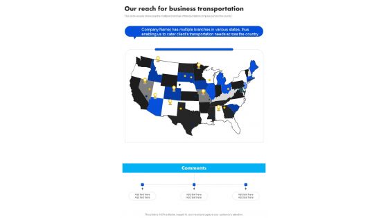 Our Reach For Business Transportation One Pager Sample Example Document