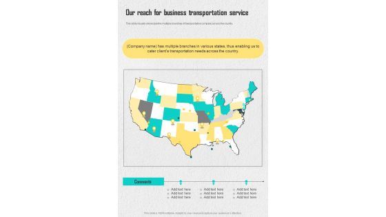 Our Reach For Business Transportation Service One Pager Sample Example Document Our Reach For Business Transportation Service One Pager Sample Example Document