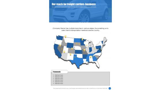 Our Reach For Freight Carriers Business One Pager Sample Example Document