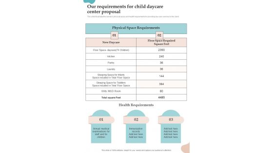 Our Requirements For Child Daycare Center Proposal One Pager Sample Example Document Our Requirements For Child Daycare Center Proposal One Pager Sample Example Document