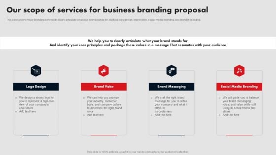 Our Scope Of Services For Business Branding Proposal Ppt Styles Layout PDF Our Scope Of Services For Business Branding Proposal Ppt Styles Layout PDF