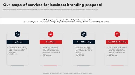 Our Scope Of Services For Business Branding Proposal Ppt Styles Layout PDF