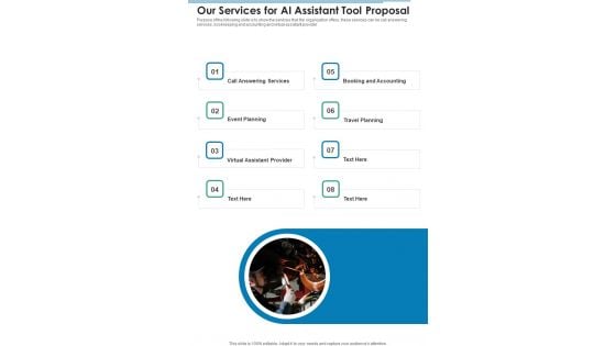 Our Services For AI Assistant Tool Proposal One Pager Sample Example Document Our Services For AI Assistant Tool Proposal One Pager Sample Example Document