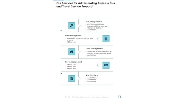 Our Services For Administrating Business Tour And Travel Service Proposal One Pager Sample Example Document