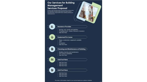 Our Services For Building Management Services Proposal One Pager Sample Example Document Our Services For Building Management Services Proposal One Pager Sample Example Document