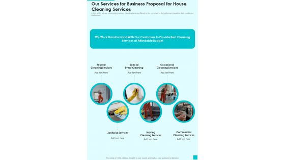 Our Services For Business Proposal For House Cleaning Services One Pager Sample Example Document