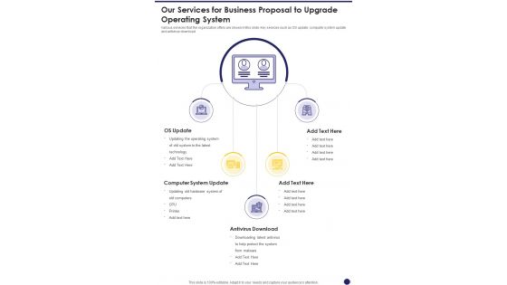 Our Services For Business Proposal To Upgrade Operating System One Pager Sample Example Document