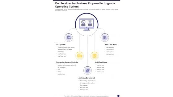 Our Services For Business Proposal To Upgrade Operating System One Pager Sample Example Document Our Services For Business Proposal To Upgrade Operating System One Pager Sample Example Document