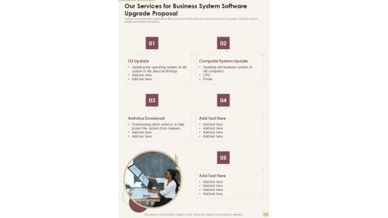 Our Services For Business System Software Upgrade Proposal One Pager Sample Example Document