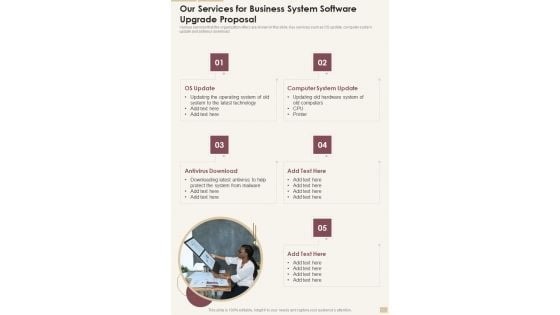 Our Services For Business System Software Upgrade Proposal One Pager Sample Example Document Our Services For Business System Software Upgrade Proposal One Pager Sample Example Document