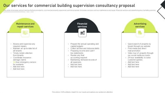 Our Services For Commercial Building Supervision Consultancy Proposal Background PDF