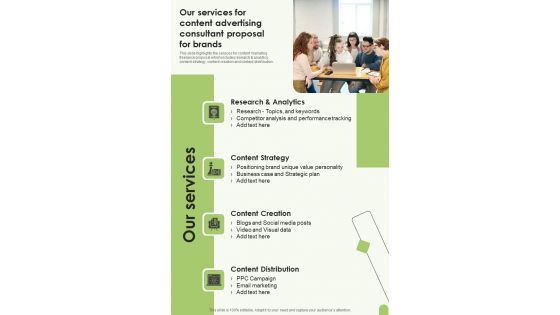 Our Services For Content Advertising Consultant Proposal For Brands One Pager Sample Example Document Our Services For Content Advertising Consultant Proposal For Brands One Pager Sample Example Document