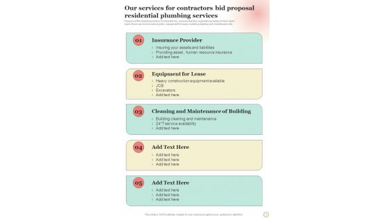 Our Services For Contractors Bid Proposal Residential Plumbing Services One Pager Sample Example Document