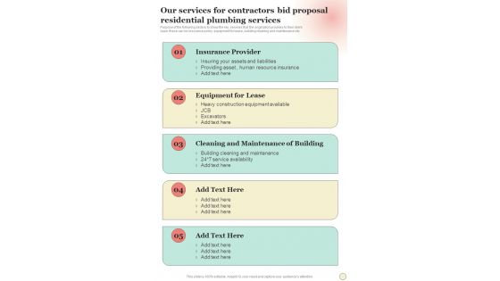 Our Services For Contractors Bid Proposal Residential Plumbing Services One Pager Sample Example Document Our Services For Contractors Bid Proposal Residential Plumbing Services One Pager Sample Example Document