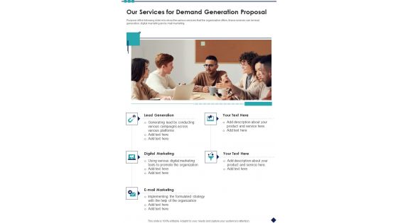 Our Services For Demand Generation Proposal One Pager Sample Example Document Our Services For Demand Generation Proposal One Pager Sample Example Document
