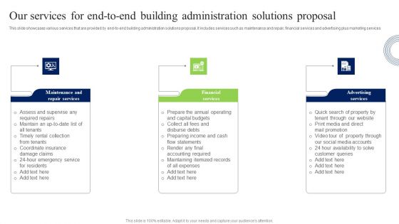 Our Services For End To End Building Administration Solutions Proposal Brochure PDF