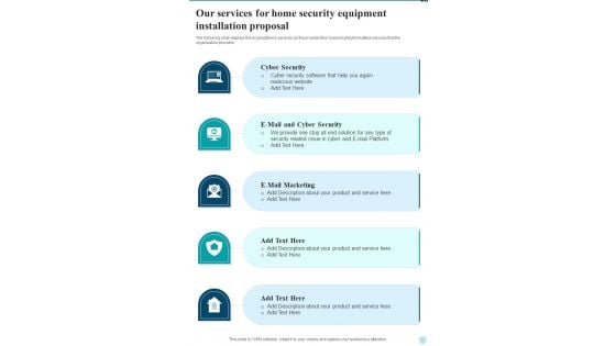 Our Services For Home Security Equipment Installation Proposal One Pager Sample Example Document Our Services For Home Security Equipment Installation Proposal One Pager Sample Example Document