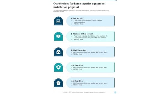 Our Services For Home Security Equipment Installation Proposal One Pager Sample Example Document